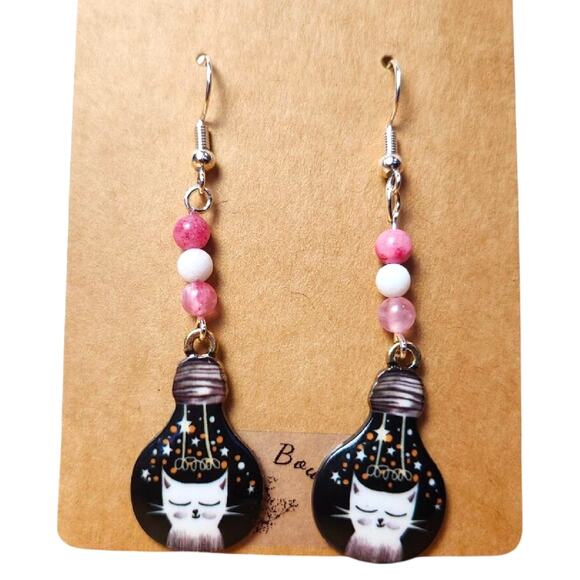 Handmade Cat Lightbulb Earrings with Pink and White Jade Beads | Lightweight - Picture 1 of 6